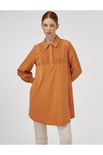 Kayra Stone Embroidered Shirt Collar Natural Fabric Tunic Amber