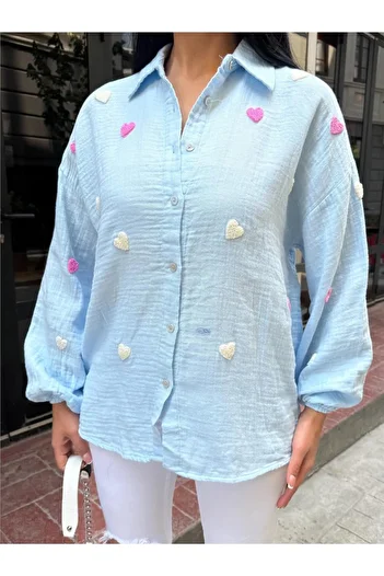 WeShaya Blue Heart Embroidered Viscose Shirt