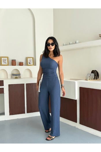 floral fashıon Women's Knitted Bubble Fabric Single Shoulder Detailed Trousers Crop Suit