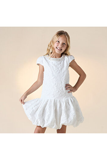 Juniors Textured Drop Waist Dress with Embellished Round Neck and Cap Sleeves
