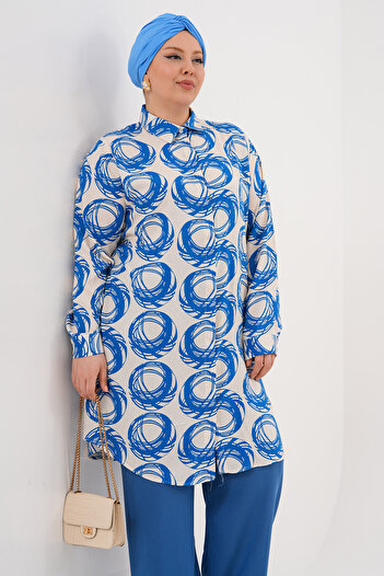 Polologin Butik Desenli Hakim Yaka Mavi Tunik