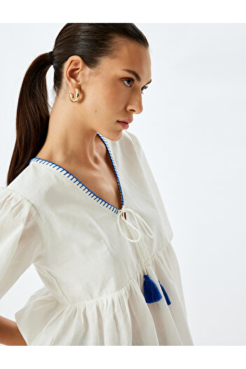 Koton Tie-Up Tassel Detailed Balloon Sleeve V-Neck Blouse
