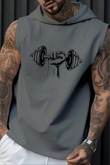 NO 601 Men's Dark Gray Dumbbell Printed Sports Gym Hooded Singlet