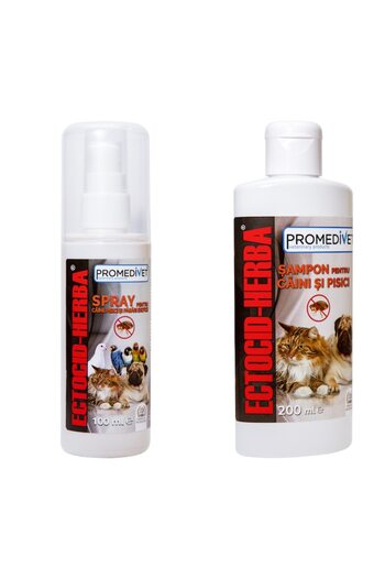 Promedivet Anti-parasitic Package Shampoo 200ml and Spray 100ml, Ectocid Herba Vital, against Ticks, Fleas, and