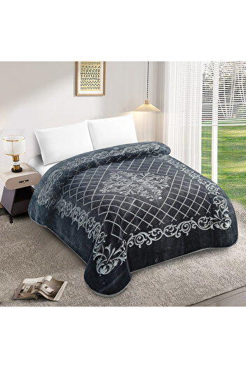 FIONNA.RO Thick Double Blanket with Royal Embroidery Pattern - Royal Grey