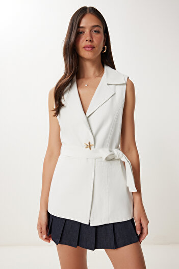 Happiness İstanbul Women's Off-White Stylish Buttoned Gabardine Vest Pb00048