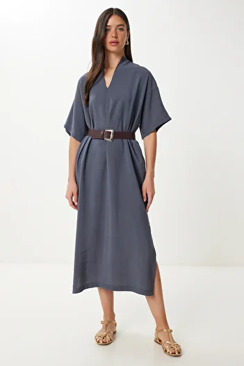 Happiness İstanbul Women's Smoked Belted Slit Summer Modal Dress No00028