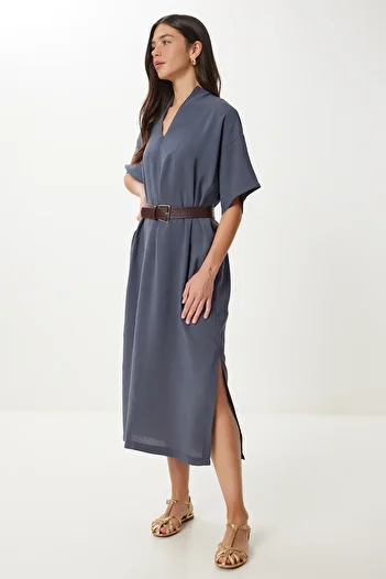 Happiness İstanbul Women's Smoked Belted Slit Summer Modal Dress No00028