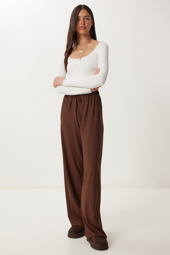 Happiness İstanbul Women's Brown Wide Leg Comfortable Knitted Trousers Pb00054