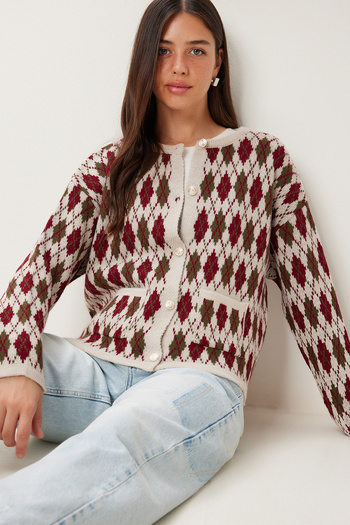 Happiness İstanbul Women's Stone Burgundy Diamond Patterned Knitwear Cardigan Ki̇00136