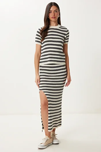 Happiness İstanbul Women's Gray Bone Striped Slit Knitwear Bottom-Top Set Yy00241