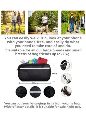 PAKEWAY Dog Walking Strap with Adjustable Waist Bag, Hands Free, Extendable-Shorted Elastic