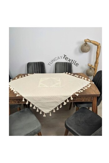 TUNCAY TEKSTİL Hand Lace Hand Tied Fringed Tasseled Fiskos Square Cover Cloth Finding Linen Small Tablecloth