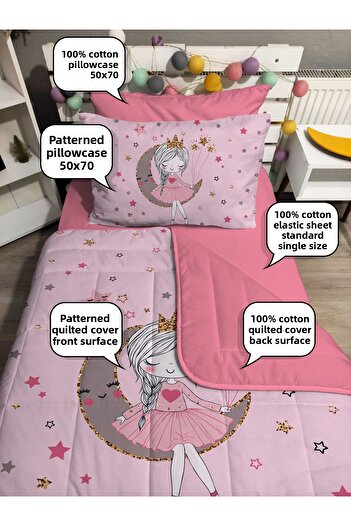 yok yok evim eve dair her şey Quilted Pink Moon and Girl 4-Piece (100% Cotton 100X200 with Elastic Sheets) Single Bedspread Set