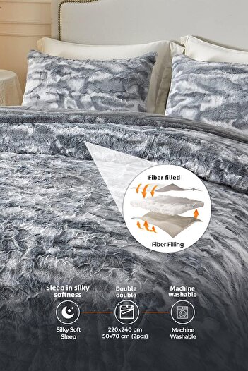 Evlen Home Collection 3 Piece Personality Fur Quilt Sleeping Set - Soft Plush, Mia Anthracite
