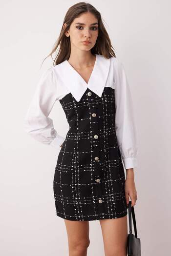 Trendyol Collection Černý áčkový košilový límec Tweed Mini tkané šaty TWOAW23EL00701