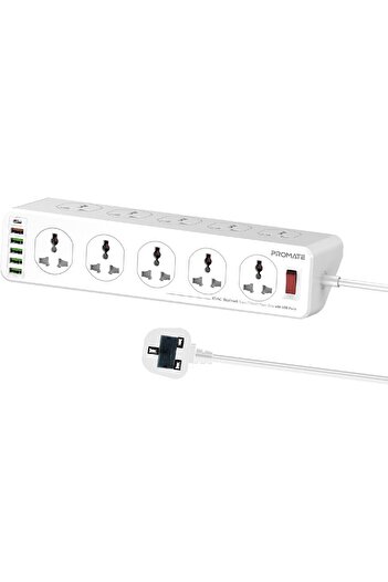 Promate Power Extension, Powerful 2500W Universal 10 AC Sockets Power Strip with 5M Cord, 20W Type-C