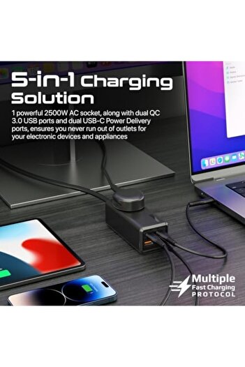 Promate شريط طاقة، 5 في 1 متعدد المنافذ 65 واط GaNFast تمديد الطاقة مع مقبس تيار متردد 2500 واط، USB-C مزدوج
