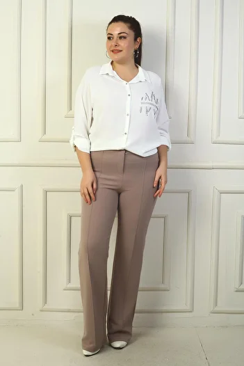 By Saygı Women's Elastic Waist Striped Large Size Palazzo Trousers