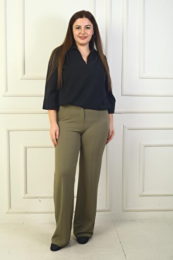 By Saygı Women's Elastic Waist Striped Large Size Palazzo Trousers