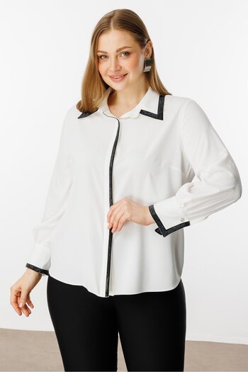 Moda İlgi Fashion Interest Women's Plus Size Stone Detailed Shirt 4095 Ecru