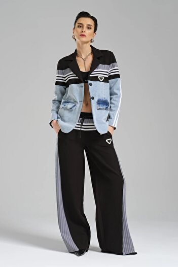 tw3 Women's Stripe Detailed and Denim Garnish Design Blazer Palazzo Pants