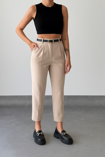 owwon Women's Beige High Waist Front Pleated Belted Carrot Pants