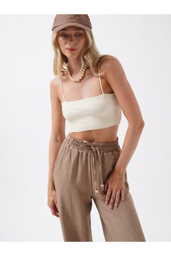 Black Fashion Ecru Crop Top with Thin Straps