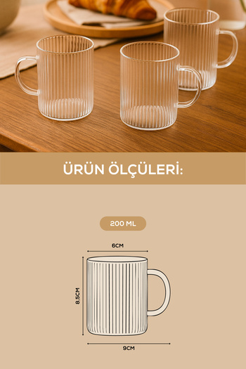 Vienev 6'lı Çizgili Desenli Kulplu Cam Bardak - 200 ml Cam Çay Bardağı