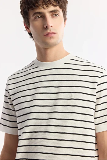 Avva Men's Regular Fit White Crew Neck Striped Jacquard T-Shirt A51Y1149
