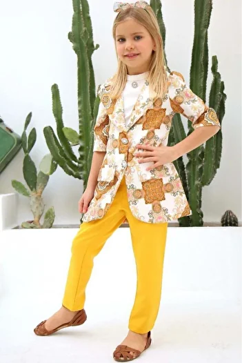 Riccotarz Girl's Shawl Patterned Yellow Top and Bottom Set
