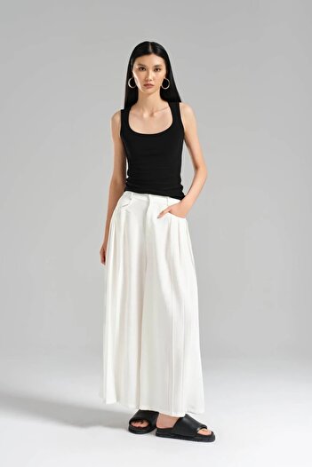 tw3 Women's Pleated Detailed Elastic Waist Design Wide Leg Trousers