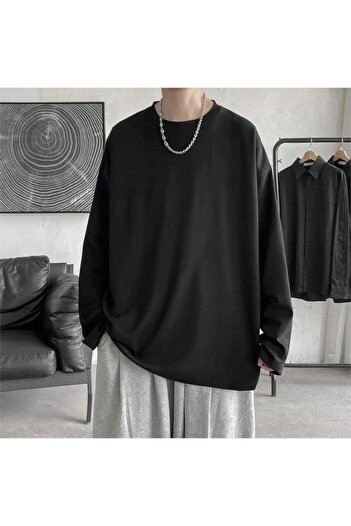Köstebek Plain Black Thin Fabric Oversize Unisex Long Sleeve