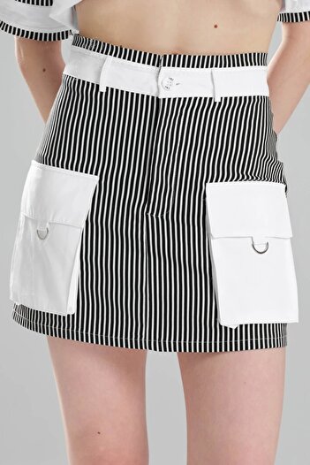 tw3 Fusta mini pantaloni scurți cu design garnit cu țesătură în dungi pentru femei