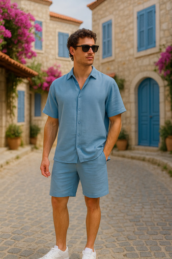Pobudo Blue Color Linen Look Muslin Summer Set - Shirt and Shorts Men's Set
