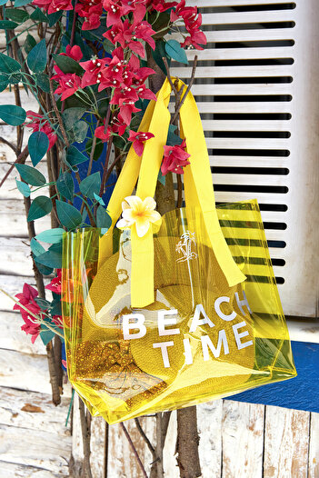 Fulla Moda Beach Time Yazı Baskılı Şeffaf Plaj Çantası