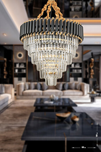 Avizemoda Palmira 60 Cm'lik Kristal Taşlı Lüks Avize 6'lı - (siyah-gold)