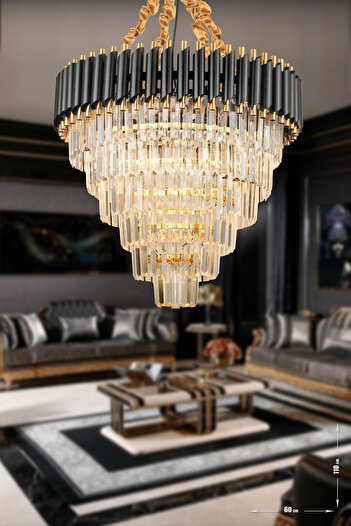Avizemoda Palmira 60 Cm'lik Kristal Taşlı Lüks Avize 6'lı - (siyah-gold)