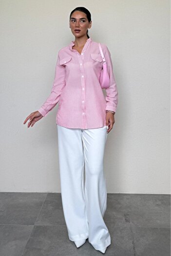 Madmext Pembe Çizgili Gofre Kumaş Kadın Oversize Gömlek MG1666