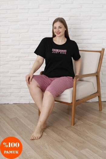 shopshop Women's Black Pink Large Size 100% Cotton Summer Short Sleeve Pocket Capri Bermuda Pajama Set