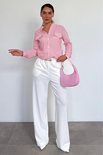 Madmext Pembe Çizgili Gofre Kumaş Kadın Oversize Gömlek MG1666