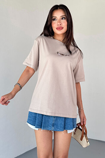 Cappmoda T-913 Stone Color Duck Embroidered Short Sleeve Cotton T-Shirt