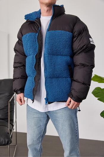 NOMARC Men's Blue Plush Detailed Black Coat