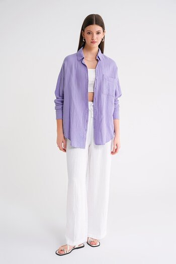 Mixray 3833 Women's Oversize Pocket Muslin Shirt Violet