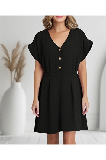 Barato Linen Plus Size Belted Premium Dress with Button Detail