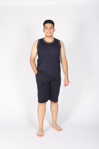 Lio20 Men's 100% Cotton Combed Cotton Sleeveless T-Shirt and Shorts Set – Summer-Sports-Home Comfort-Casual-Beach–Navy Blue