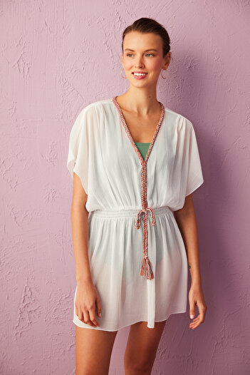Penti White Collar Braided Kaftan with Knitted Detail