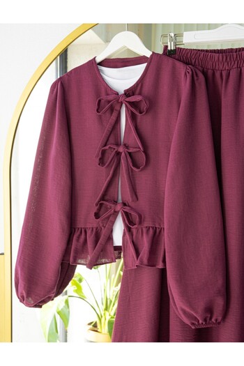Modamorfo Lace-Up Front Sleeve Elastic Skirt Suit - Burgundy