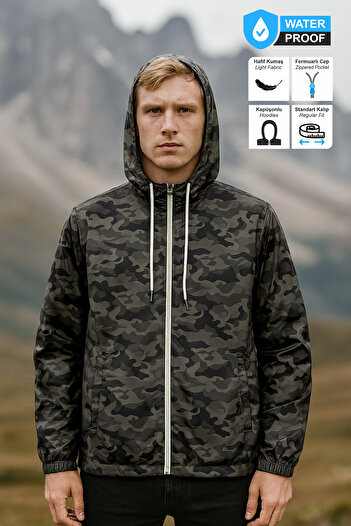 BESSA Camouflage Raincoat Water Resistant Seasonal Fabric Hooded Zipper Pocket Mesh Inner Design Men
