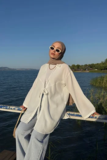 Bipantolon White Flam Linen Kimono - Women's, with Tie Detail